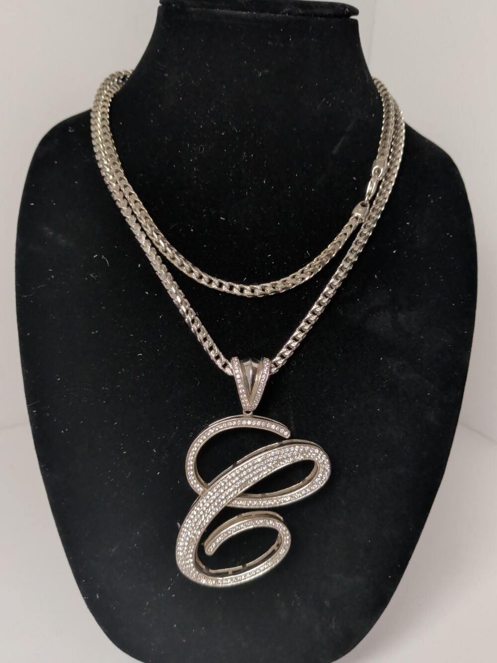 925 Sterling Silver Large Letter C Initial Pendant w/ Heavy Cuban Chain 138g CZ
